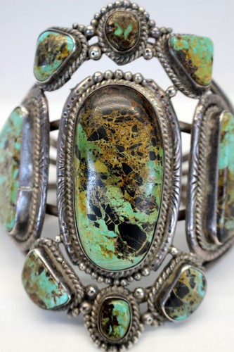 ENORME BRACCIALE vintage NAVAJO turchese e argento sterling di TIM SMITH 1975 - Foto 2 di 17