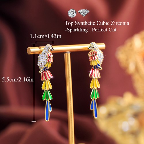 Chic Gold Plated CZ Multicolor Long Bird Dangle Drop Animal Earrings for Women - Picture 4 of 9