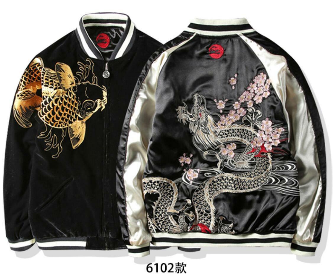Embroidery Dragon Men's Jacket REVERSIBLE Coat Baseball Zip