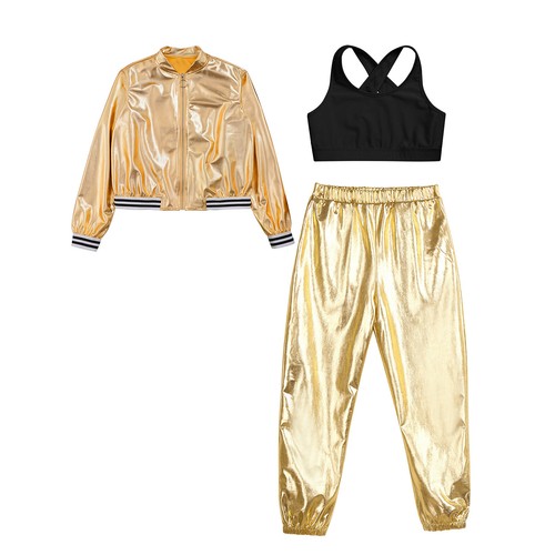 DE iEFiEL Mädchen Hip Hop Kleidung Set Dance Outfit Metallic Jacke+Crop Top+Hose - Bild 33 von 70