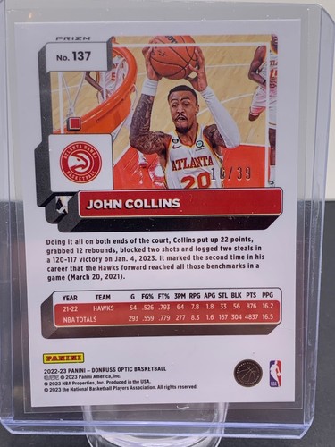 2022-23 DONRUSS PANINI OPTIC BASKETBALL JOHN COLLINS BLACK VELOCITY #16/39 - Picture 2 of 2