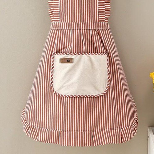 Striped Large Pocket Canvas Cotton Apron Kitchen Household Wipeable Hand Strap - Picture 4 of 16