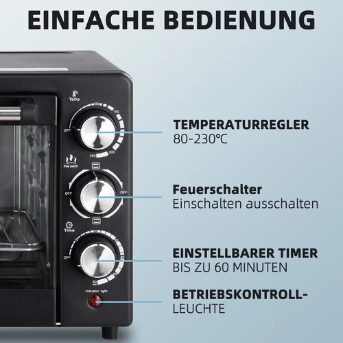 Minibackofen Mini Backofen Ofen Pizzaofen Grill Timer Pizzaofen 21 Liter Schwarz - Bild 4 von 11