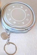 BECCA IRIDESCENT SILVER ROUND ZIPPERED CHANGE COIN PURSE COMPACT CASE KEYCHAIN !