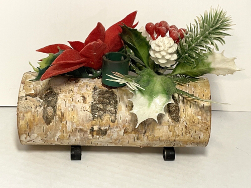 Kerzenhalter Yule Log Holz Herzstück beflockt Weihnachtsstern Stechpalme Tannenzapfen Vintage - Bild 7 von 11