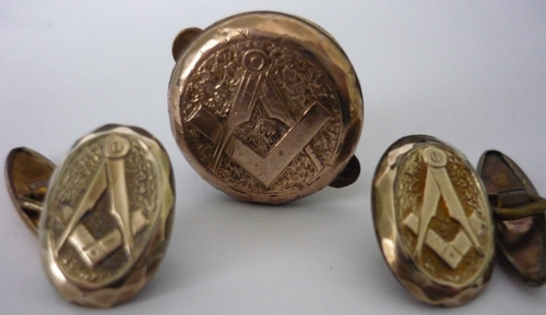 Antikes vergoldetes Freimaurer Paar Manschettenknöpfe & Junggesellen Ohrstecker Knopf um 1900 - Bild 2 von 11