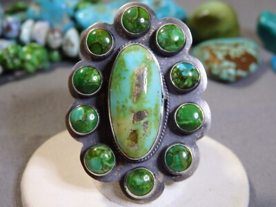 NAVAJO Steven Nez SONORAN Gold TURQUOISE Cluster Sterling Silver Adjustable RING