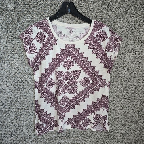 Lucky Brand Top Womens Medium Purple Printed Crew Neck Cap Sleeve Boho Tee