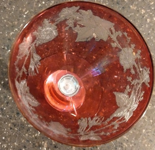 Etched Champagne Sherbet Glass GOBLET Cranberry Red Tops Clear BASE - Picture 2 of 4