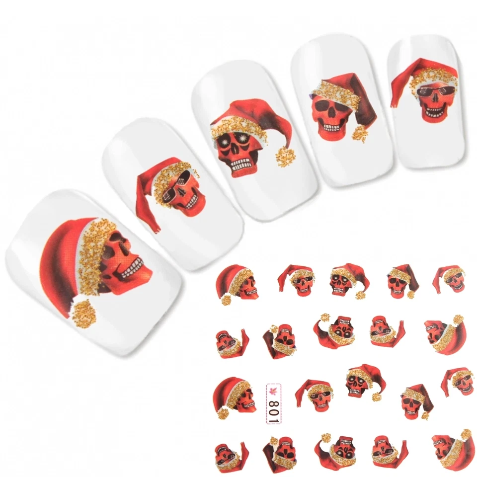 BLE Tattoo Nail Art Aufkleber Totenkopf mit Weihnachtsmütze Nagel Sticker Neu!