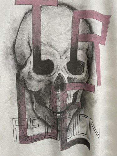 TRUE RELIGION Mens T-Shirt XL Off White Graphic Skull Short Sleeve Ecru Top - Picture 2 of 10