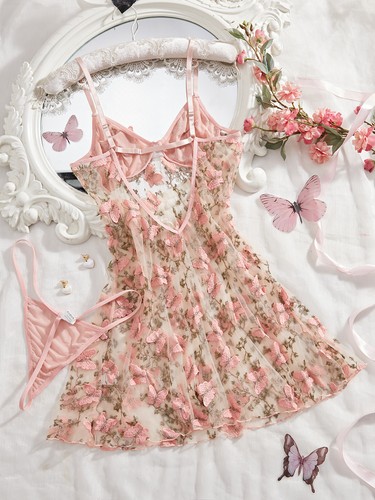 Lady Romantic Nightdress Sexy-Lingerie Embroidery Sheer Lace Babydoll Mesh Dress - Picture 26 of 29