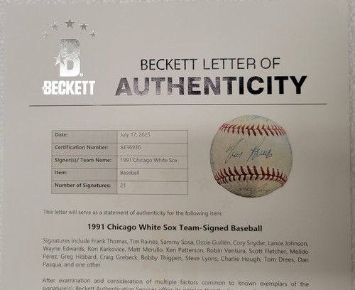 1991 Chicago White Sox Team signierter Baseball FRANK THOMAS SAMMY SOSA T RAINES BAS - Bild 8 von 8