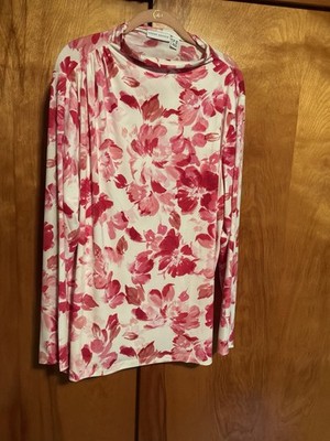 Susan Graver Liquid Knit Funnel Neck Top Pink Floral NWOT 2 X