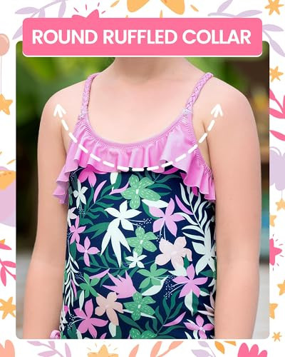 Girls One Piece Swimsuits Toddler Bathing Suit Little Kids 5-6 Years Pink Leaf - Picture 4 of 7
