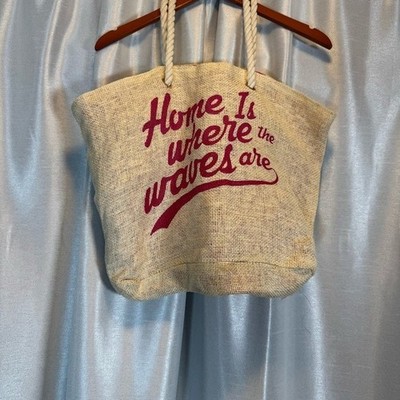 Beach Tote Bag Home Is Where the Waves Are Straw Canvas Summer Vacation