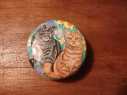 Vintage Small Round Tin, Cats and Garden Flowers. Grumbridge Bedford, England.