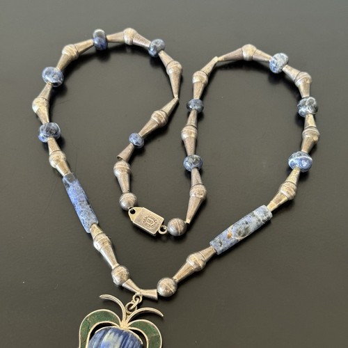 Vintage Taxco Mexico Sterling Silver Carved Mask Necklace Malachite Lapis Lazuli - Picture 8 of 16