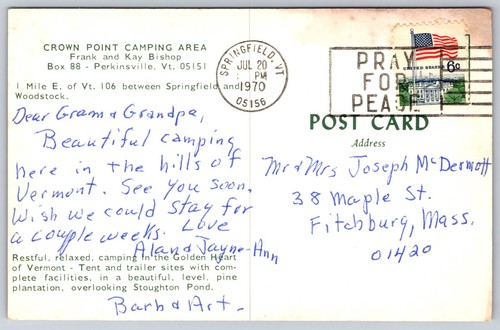Postal cromada Crown Point Camping Área Frank & Kay Bishop Perkinsville Vermont - Imagen 3 de 3