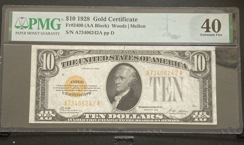 DBR 1928 $10 Gold Certificate Fr. 2400 PMG XF-40 Serial A73406242A