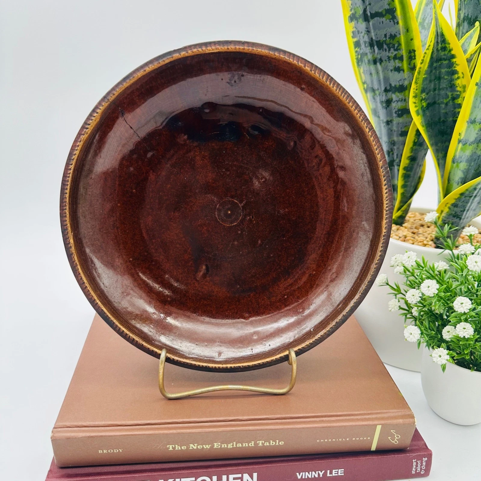 Vintage Primitive Redware Pie Plate with Cog Edge Brown Glazed Pottery 9"