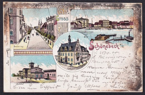 Greetings from Schönebeck station Breitweg litho postcard postcard postcard