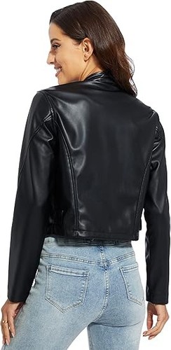 Damen Kunstleder Reißverschluss Motorrad Jacke Slim Fit Kurz Biker Mantel - Bild 5 von 6