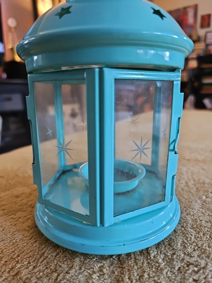 Linterna de té colgante de metal azul claro estrella IKEA 1999 vintage 9,5" Foto 3 de 4