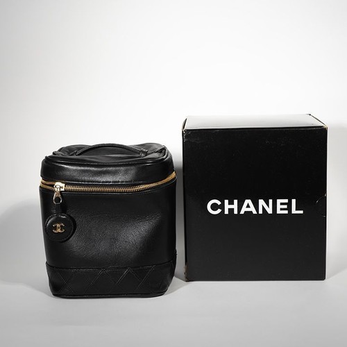 Authentische Chanel Vintage zweifarbige Lammleder Kosmetiktasche Handtasche schwarz CC Japan - Bild 1 von 10