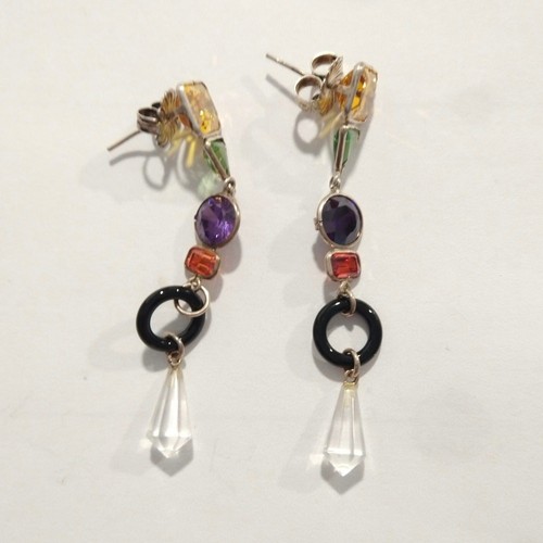 Pendientes colgantes de plata de ley 925 de oro de 14k postes de piedras preciosas multicolores hechos a mano - Imagen 6 de 7