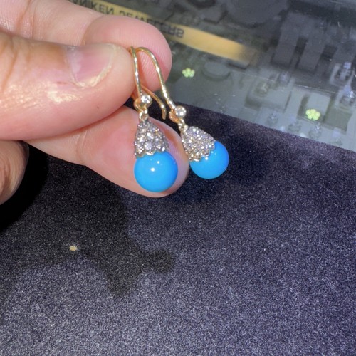 Sleeping Beauty Turquoise Dangle Earrings Solid 14kt Yellow Gold With Diamonds - Picture 2 of 10