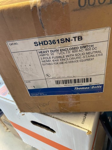 NIB T&B SHD361SN-TB heavy duty enclosed switch 30A 600V 3-pole fusible stainless - Picture 2 of 9