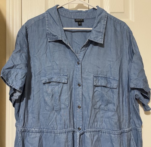 Torrid Women’s XXL (2) Blue Chambray Button Front Drawstring Shirt Midi Dress - Picture 2 of 12