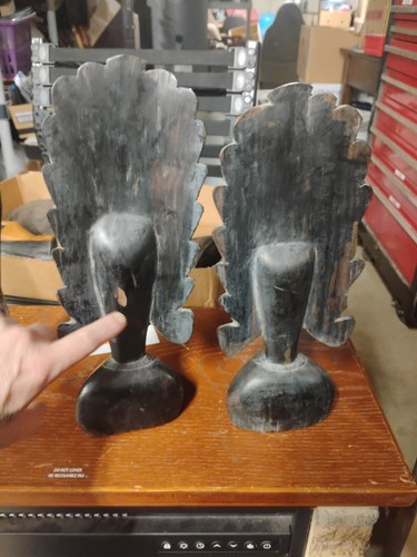 Pair Of Mid-century 15-in Tall Canyon Wood Carving Woman With Headdress - Picture 3 of 20