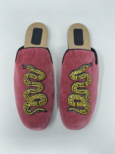 Gucci Lawrence Pink Velvet Gold Beaded Snake Mules Loafers Slides Shoes 41 11 - Picture 2 of 12