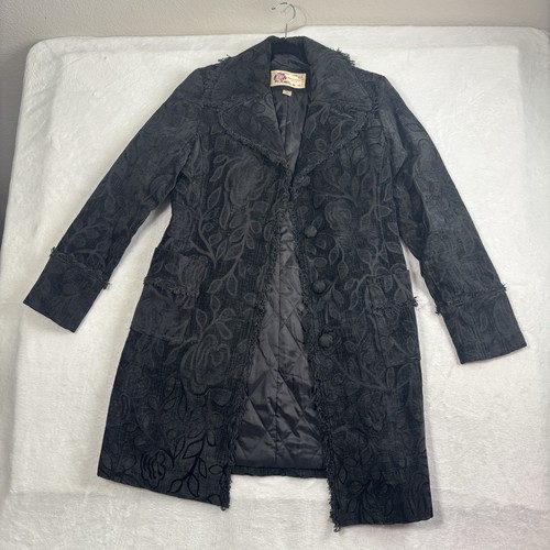 Vintage Big Chill Vintage schwarz Blumen Gobelin Knopfleiste Jacke Trench Damen Medium