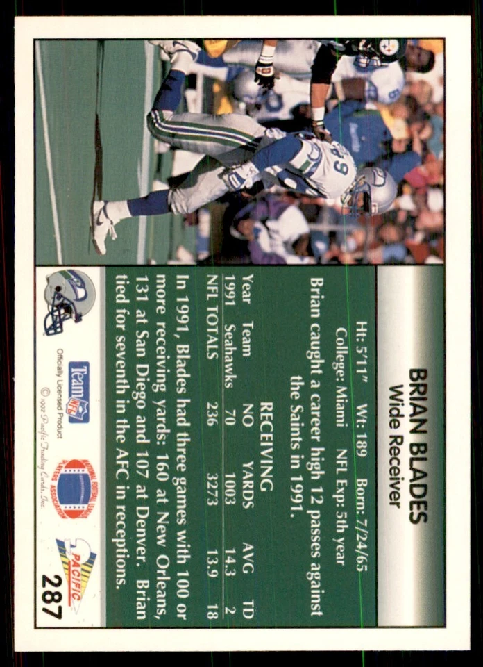 1992 Pacific Brian Blades Football Cards #287 - Image 2 of 2