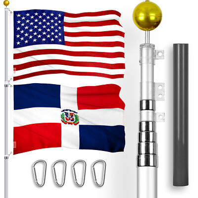 25 Ft Telescoping Flagpole SV & USA and Dominican Republic Flags Emb 300D 3x5Ft