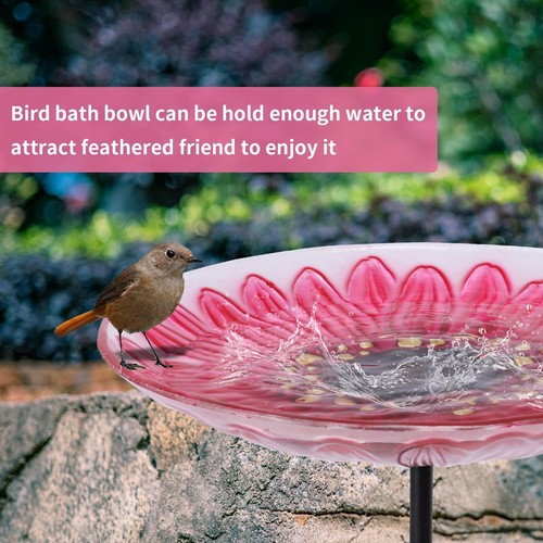 Glass Bird Bath, Garden Outdoor Birdbaths Birdfeeder with Metal Stake Pink Fl... - Picture 2 of 7