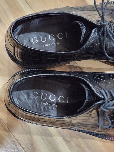 MINT$6700 GUCCI Crocodile Lace Up Oxford-Men's 9.5/10US-M to Wide-BLACK-Cap Toe - Picture 12 of 20