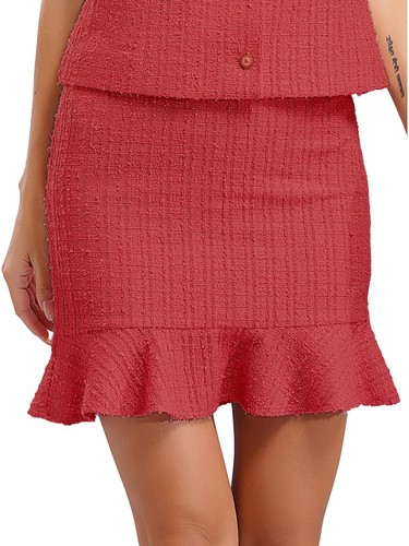 Women Tweed Ruffled Hem Pencil Skirt High Waist Bodycon Mini Costume Party - Picture 51 of 109