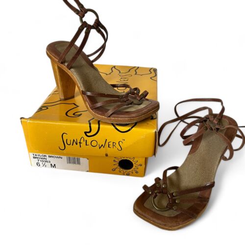 Sunflowers Wooden Strappy Ankle Tie Block Heel Sandals sz 6.5
