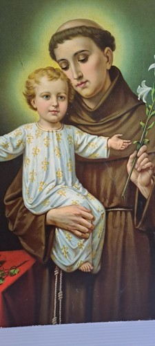 LARGE VINTAGE RELIGIOUS OFFSET LITHOGRAPH ST ANTHONY OF PADUA CHRISTIAN ART. HTF - Picture 5 of 6