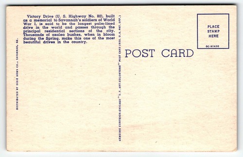 Postkarte Victory Drive US Highway 80 Savannah Georgia GA UNP - Bild 2 von 2