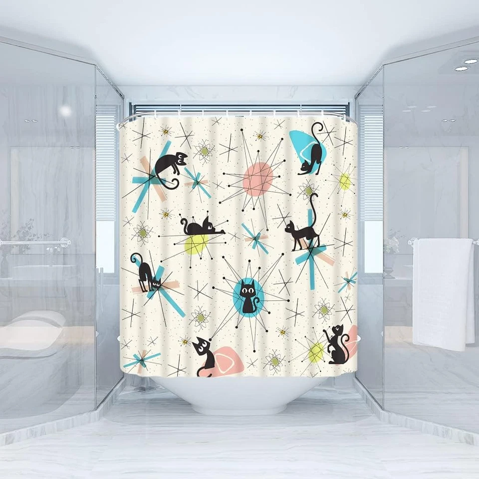 Mid Century Shower Curtain Black Cat Retro Diamond Atomic Starbursts 1950S 1960S - Image 2 of 4