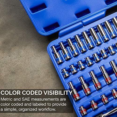 76-Pcs 3/8" Drive Socket Set SAE Metric Standard Deep Cr-V Steel for Auto Repair - Picture 3 of 4