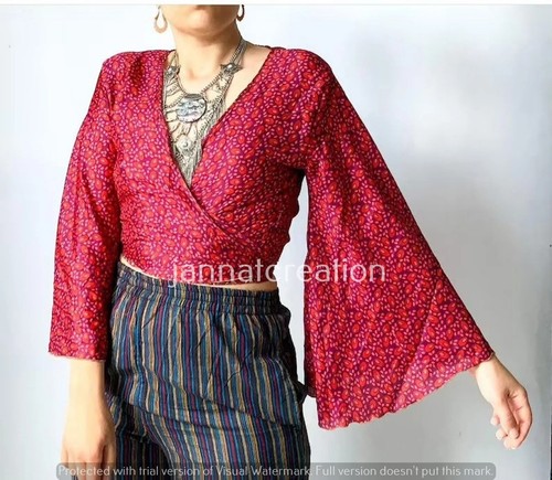 Wholesale Lot of Silk Bohemian Hippie Long Bell Sleeve Wrap Top With Front Tie - Picture 6 of 9