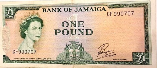 1960 Bank of Jamaica QUEEN Elizabeth II One Pound SN# CF990707 Banknote - Picture 3 of 4