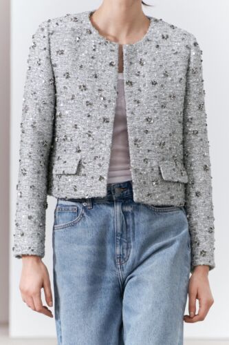 NEW ZARA ZW COLLECTION SEQUIN JACKET SILVER 2885/152 SIZE M BNWT - Picture 2 of 24