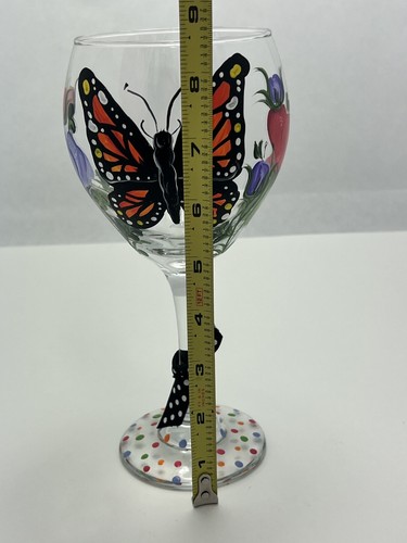 Hand Painted Butterfly with Purple & Pink Flowers stemmed wine glasses 8 1/2" - Picture 8 of 8